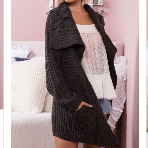 LAST 2! “FELICITY” Chunky Charcoal Knit Cardi - Picture 2 of 3